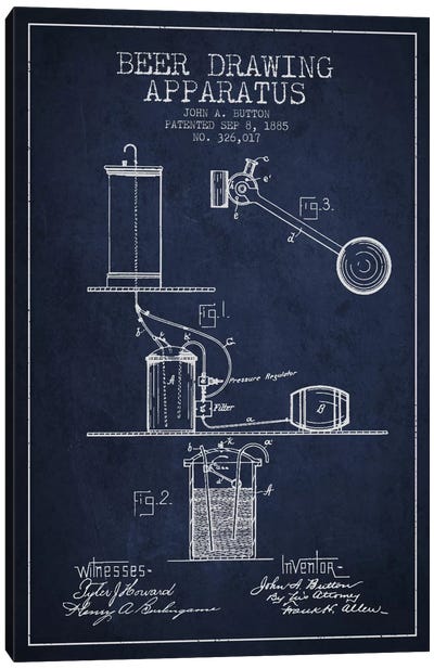 Beer Drawing Navy Blue Patent Blueprint Canvas Art Print - Aged Pixel: Drink & Beer