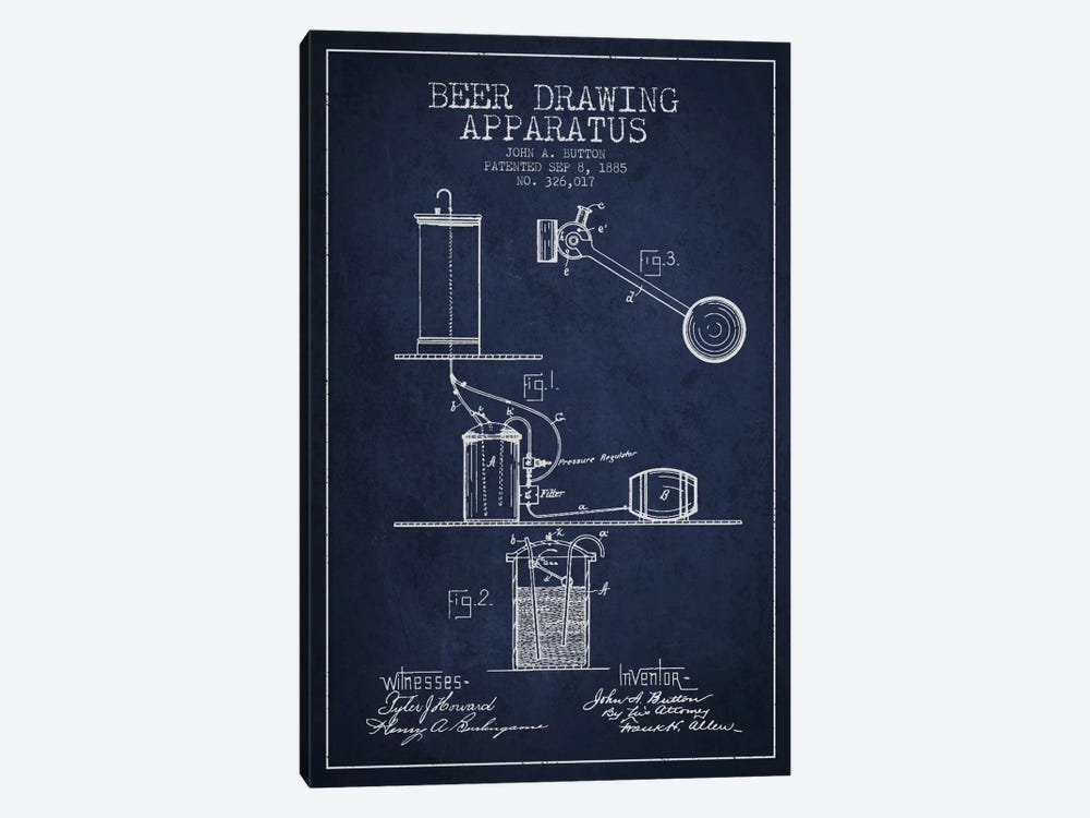 Beer Drawing Navy Blue Patent Blueprint by Aged Pixel 1-piece Art Print