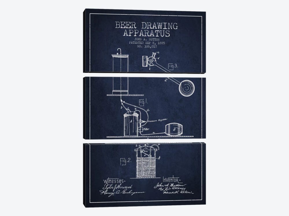 Beer Drawing Navy Blue Patent Blueprint by Aged Pixel 3-piece Art Print