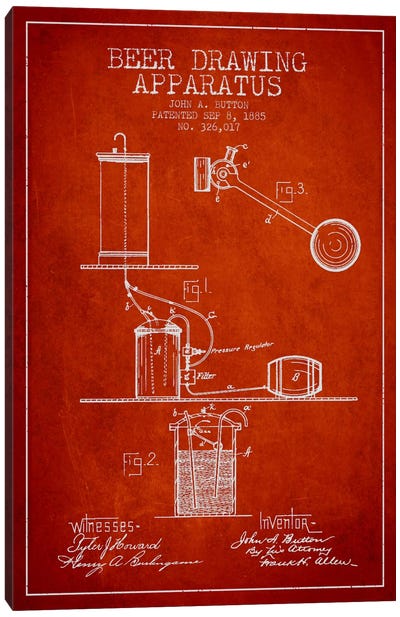 Beer Drawing Red Patent Blueprint Canvas Art Print - Aged Pixel: Drink & Beer