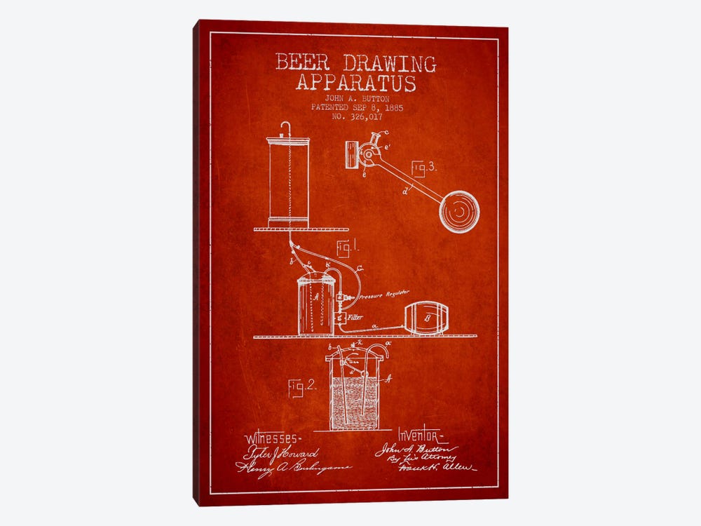 Beer Drawing Red Patent Blueprint by Aged Pixel 1-piece Canvas Wall Art