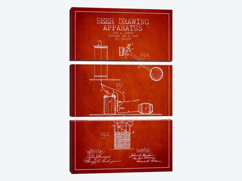 Beer Drawing Red Patent Blueprint by Aged Pixel 3-piece Canvas Wall Art