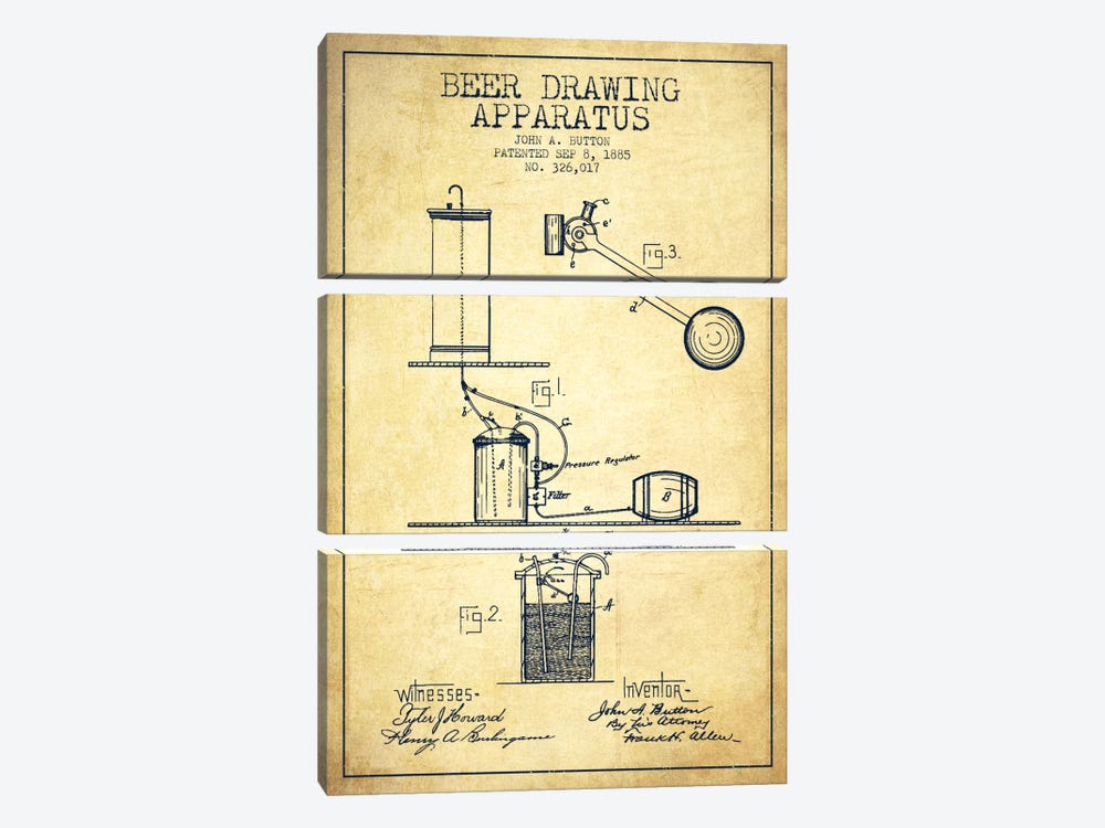 Beer Drawing Vintage Patent Blueprint by Aged Pixel 3-piece Canvas Print