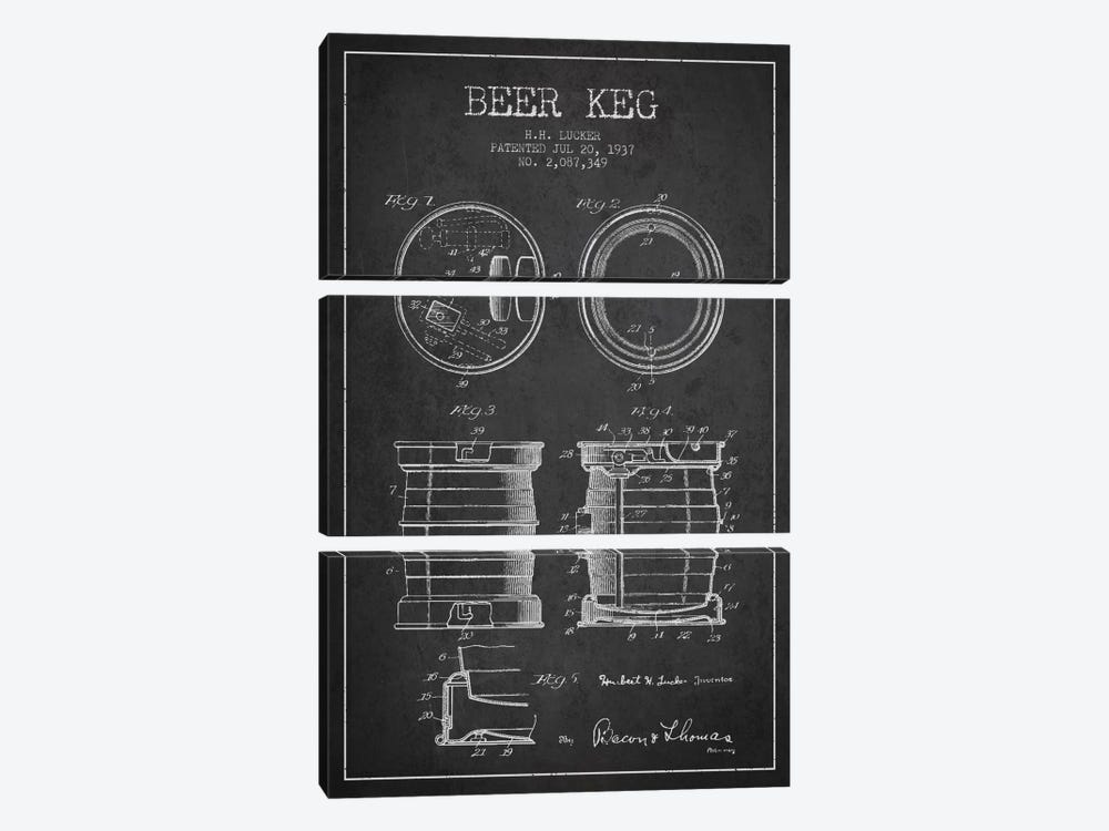 Beer Keg Charcoal Patent Blueprint by Aged Pixel 3-piece Canvas Artwork