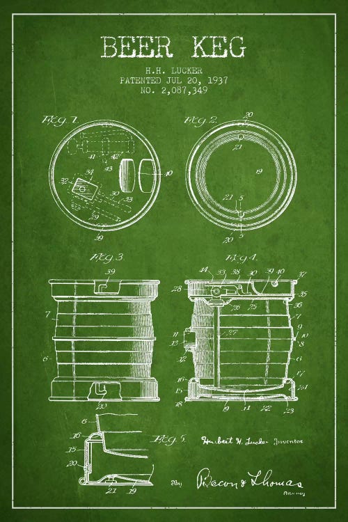 Beer Keg Green Patent Blueprint by Aged Pixel wall art