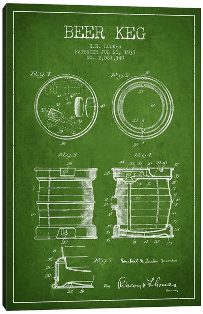 Beer Keg Green Patent Blueprint Canvas Art Print - Food & Drink Blueprints