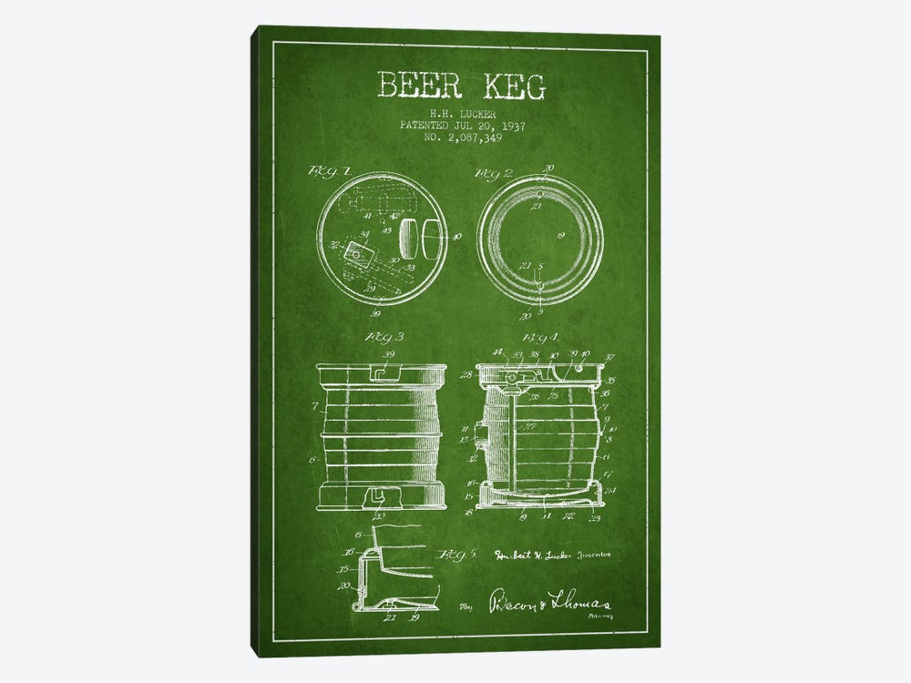 Beer Keg Green Patent Blueprint by Aged Pixel 1-piece Art Print