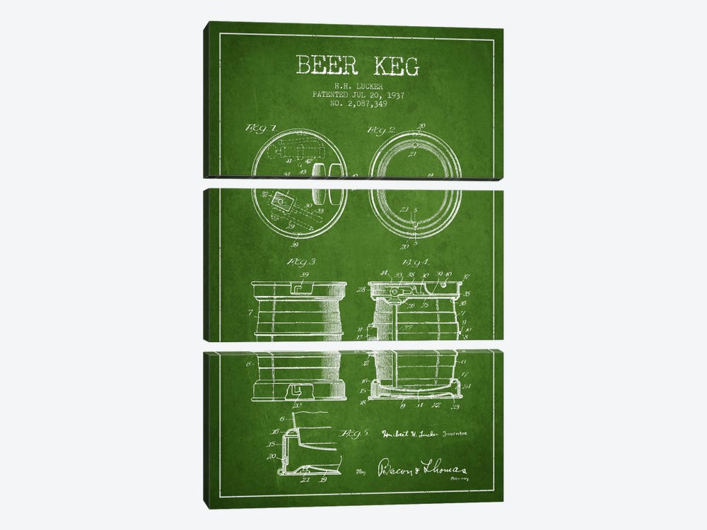 Beer Keg Green Patent Blueprint by Aged Pixel 3-piece Canvas Art Print