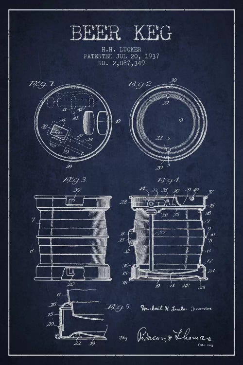 Beer Keg Navy Blue Patent Blueprint