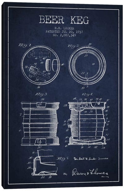 Beer Keg Navy Blue Patent Blueprint Canvas Art Print - Food & Drink Blueprints