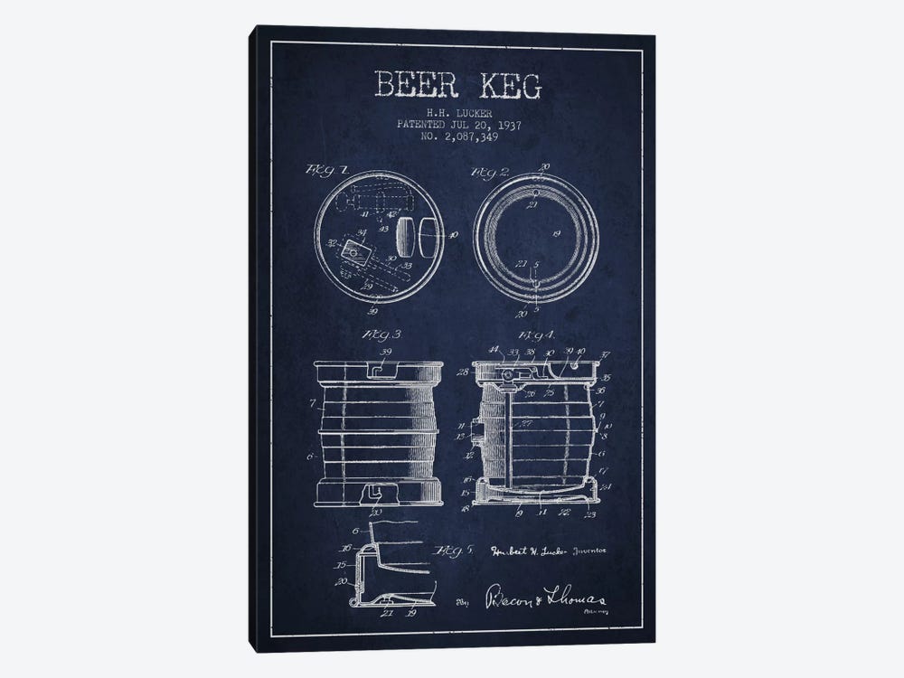 Beer Keg Navy Blue Patent Blueprint by Aged Pixel 1-piece Canvas Art