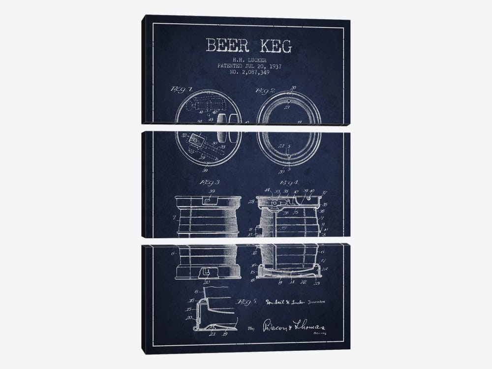 Beer Keg Navy Blue Patent Blueprint by Aged Pixel 3-piece Canvas Artwork