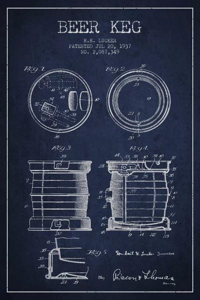 Food & Drink Blueprints: Beer Keg Navy Blue Patent Blueprint by Aged Pixel