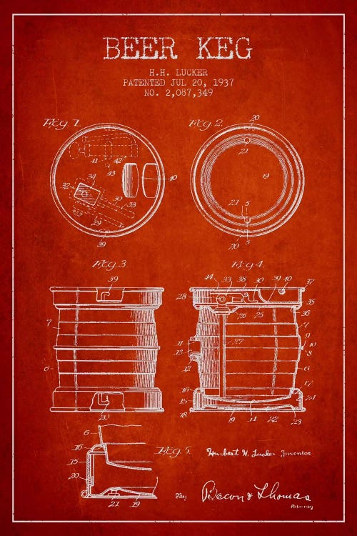 Beer Keg Red Patent Blueprint