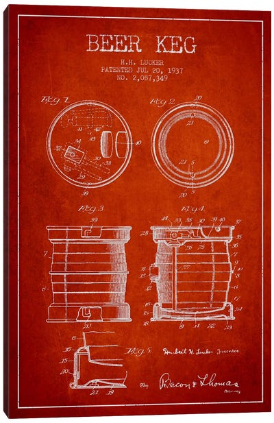 Beer Keg Red Patent Blueprint Canvas Art Print - Drink & Beverage Art
