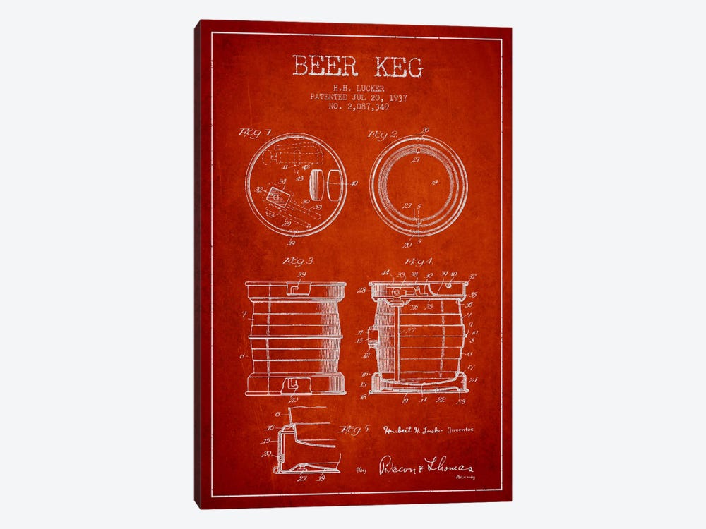 Beer Keg Red Patent Blueprint by Aged Pixel 1-piece Canvas Print