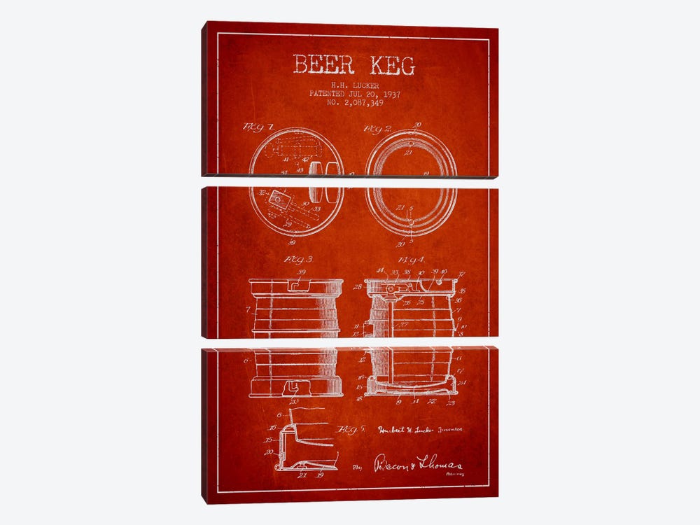 Beer Keg Red Patent Blueprint by Aged Pixel 3-piece Art Print