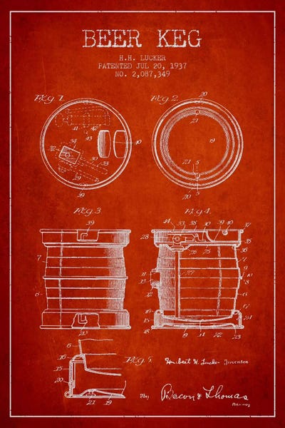 Beer Keg Red Patent Blueprint
