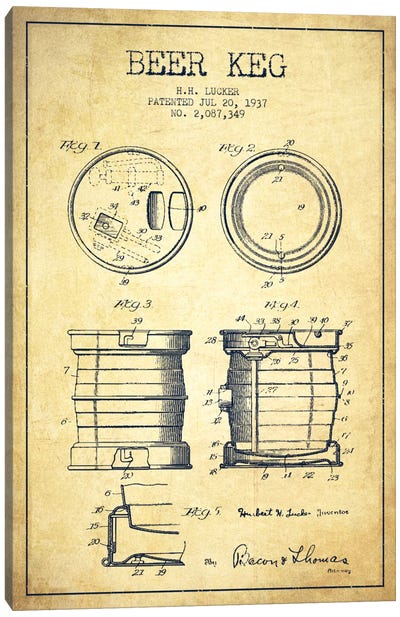 Beer Keg Vintage Patent Blueprint Canvas Art Print - Food & Drink Blueprints