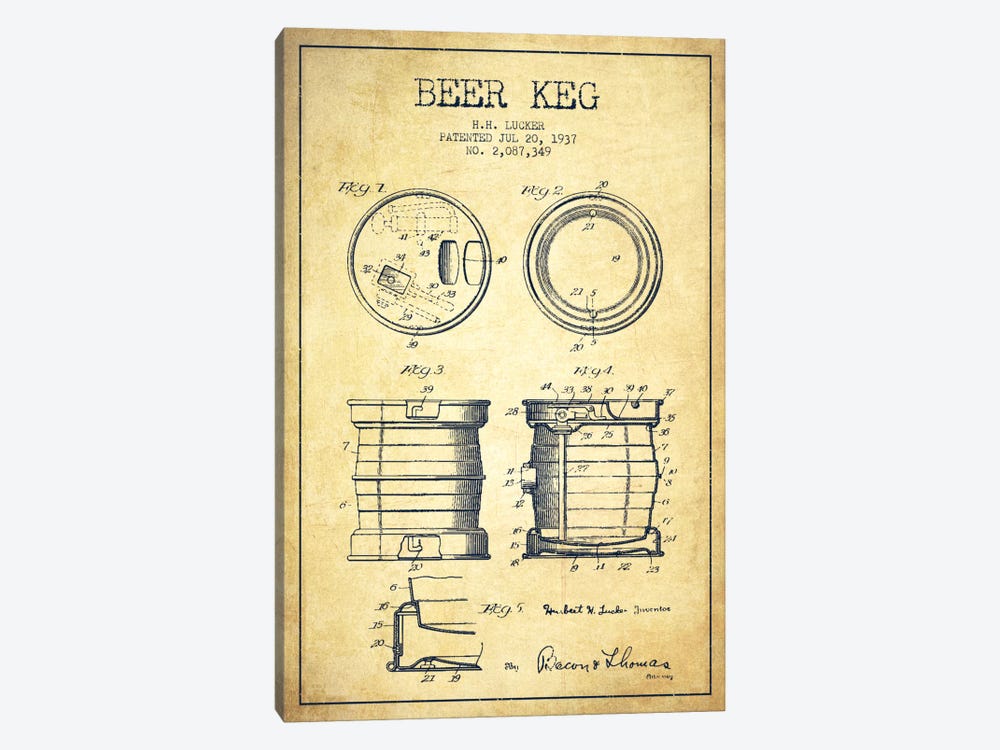 Beer Keg Vintage Patent Blueprint by Aged Pixel 1-piece Canvas Art
