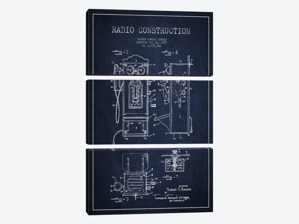 Bowers Radio Blue Patent Blueprint by Aged Pixel 3-piece Canvas Artwork