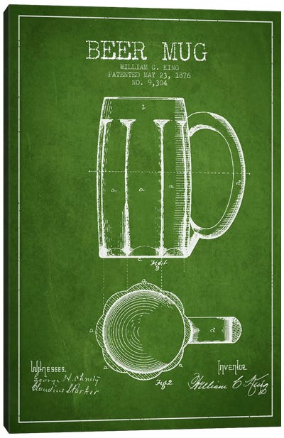 Beer Mug Green Patent Blueprint Canvas Art Print - St. Patrick's Day