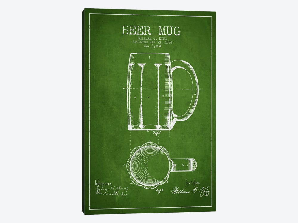 Beer Mug Green Patent Blueprint 1-piece Canvas Artwork