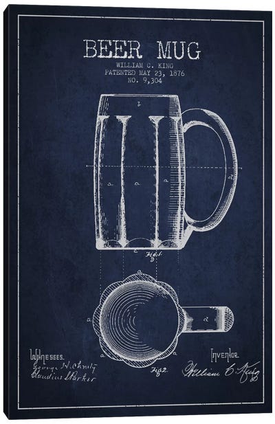 Beer Mug Navy Blue Patent Blueprint Canvas Art Print - Kitchen Blueprints