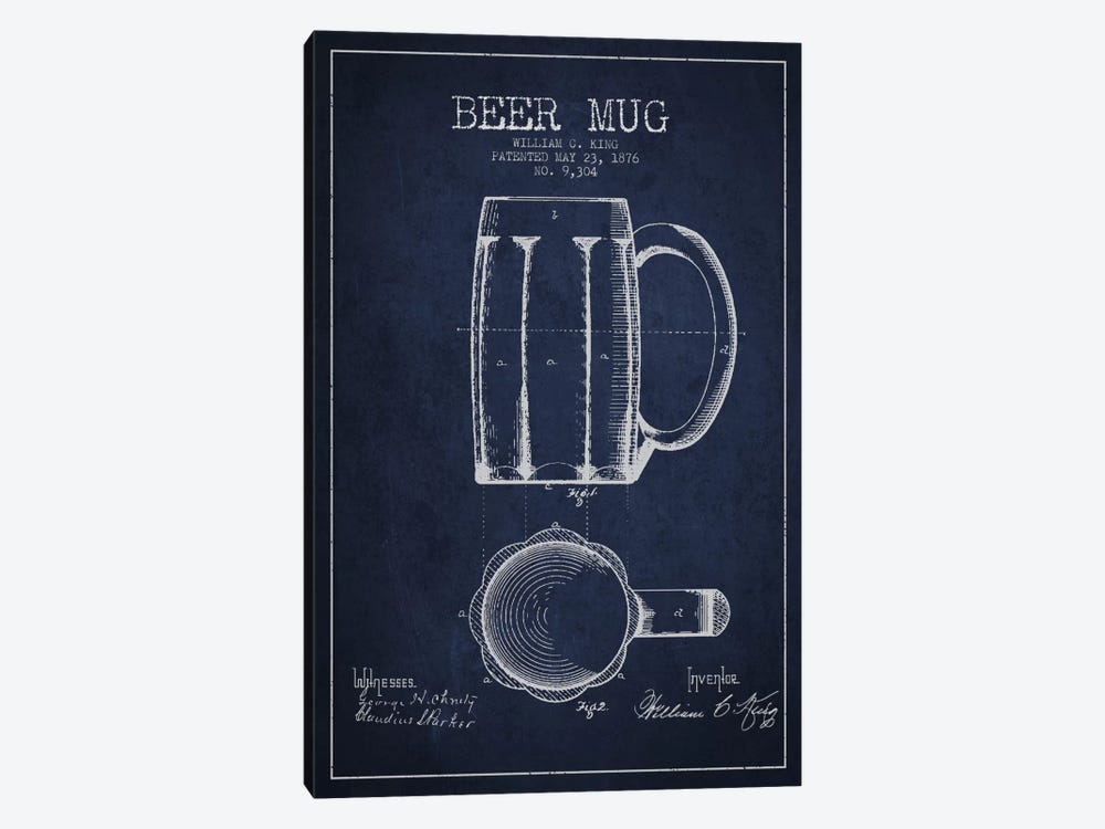 Beer Mug Navy Blue Patent Blueprint by Aged Pixel 1-piece Art Print