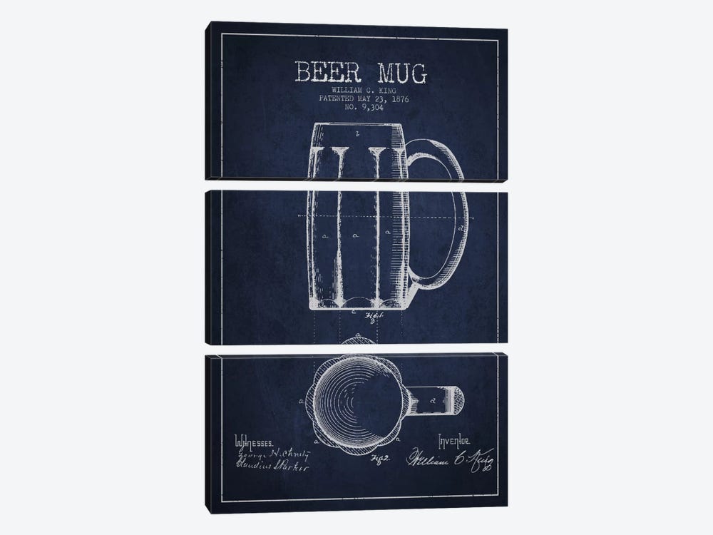 Beer Mug Navy Blue Patent Blueprint by Aged Pixel 3-piece Canvas Print