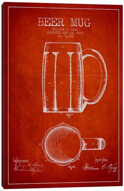 Beer Mug Red Patent Blueprint Canvas Art Print - Drink & Beverage Art