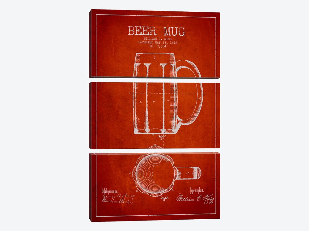 Beer Mug Red Patent Blueprint by Aged Pixel 3-piece Canvas Wall Art