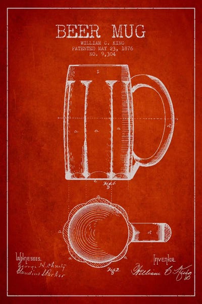Food & Drink Blueprints: Beer Mug Red I Patent Blueprint by Aged Pixel