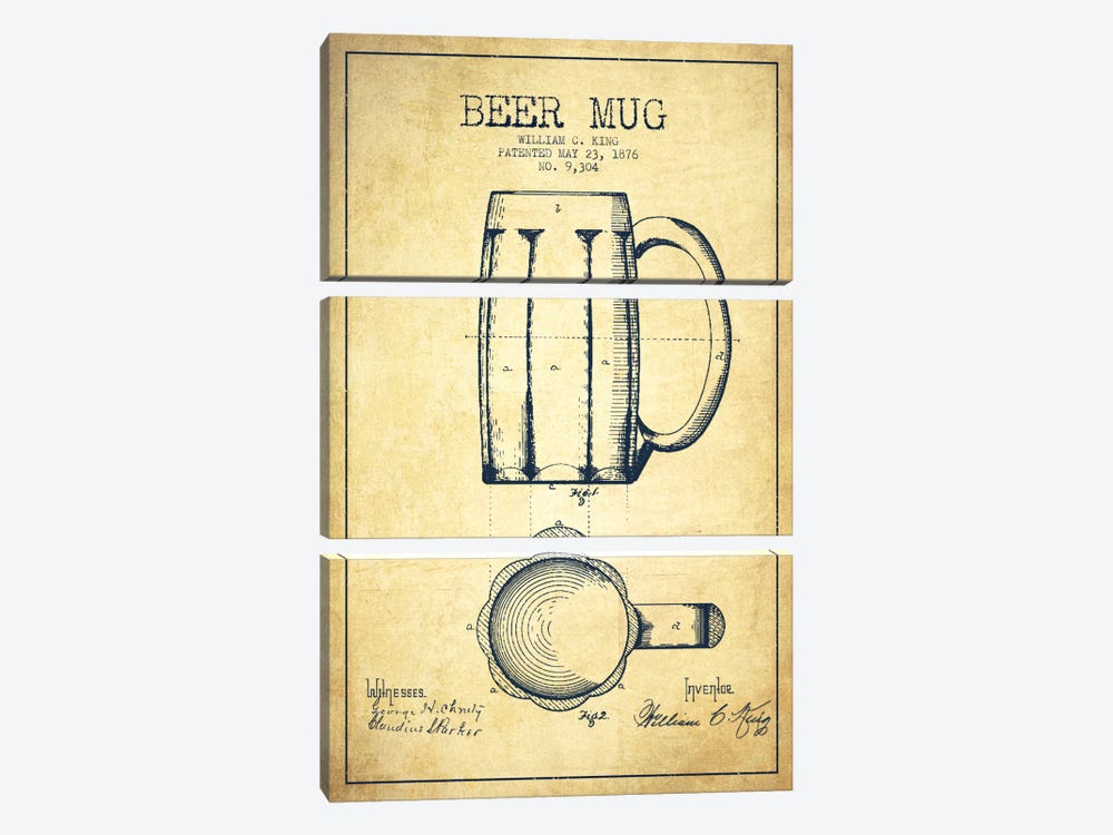 Beer Mug Vintage Patent Blueprint by Aged Pixel 3-piece Canvas Print