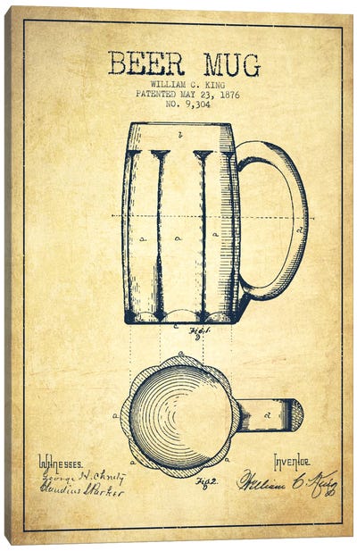 Beer Mug Vintage Patent Blueprint Canvas Art Print - Aged Pixel: Drink & Beer