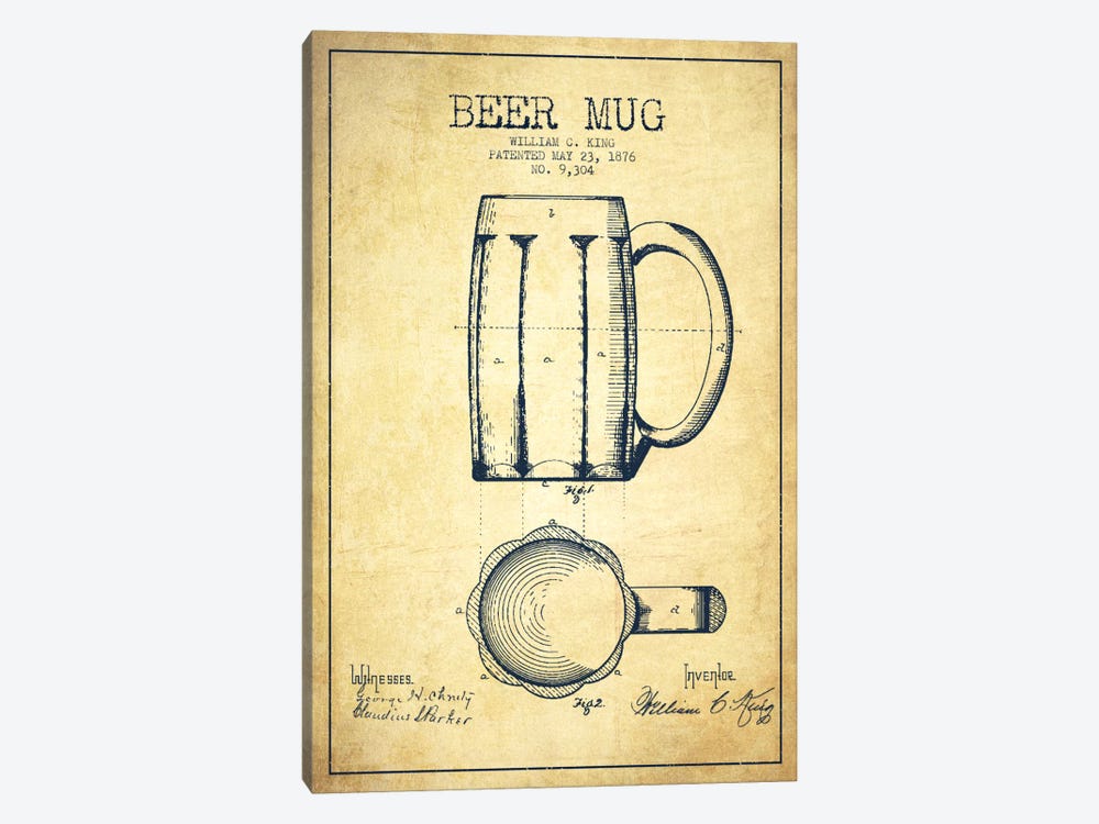 Beer Mug Vintage Patent Blueprint by Aged Pixel 1-piece Canvas Print