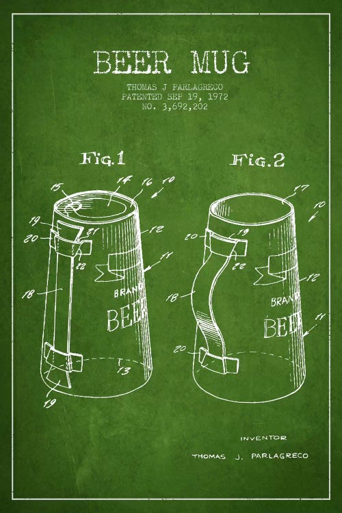 Beer Mug Green II Patent Blueprint by Aged Pixel wall art