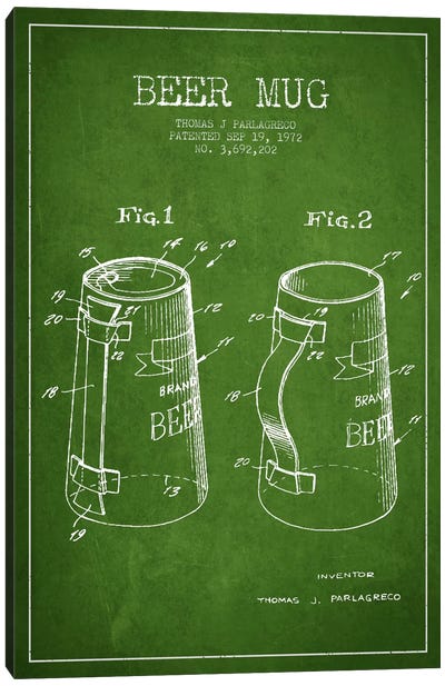 Beer Mug Green Patent Blueprint Canvas Art Print - Aged Pixel: Drink & Beer