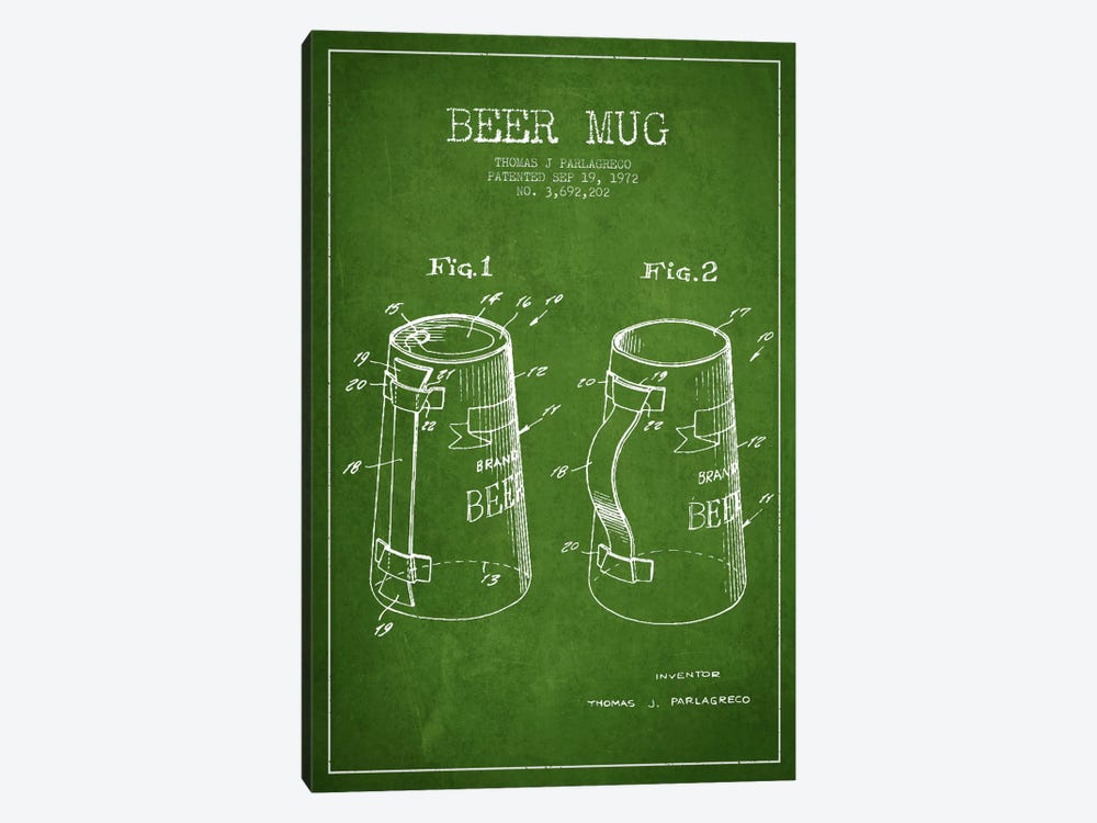 Beer Mug Green Patent Blueprint by Aged Pixel 1-piece Canvas Art Print