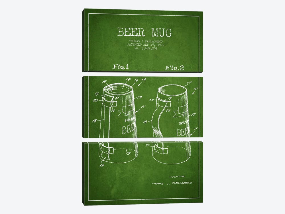 Beer Mug Green Patent Blueprint by Aged Pixel 3-piece Canvas Print