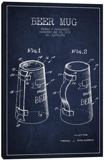 Beer Mug Navy Blue Patent Blueprint Canvas Art Print - Food & Drink Blueprints