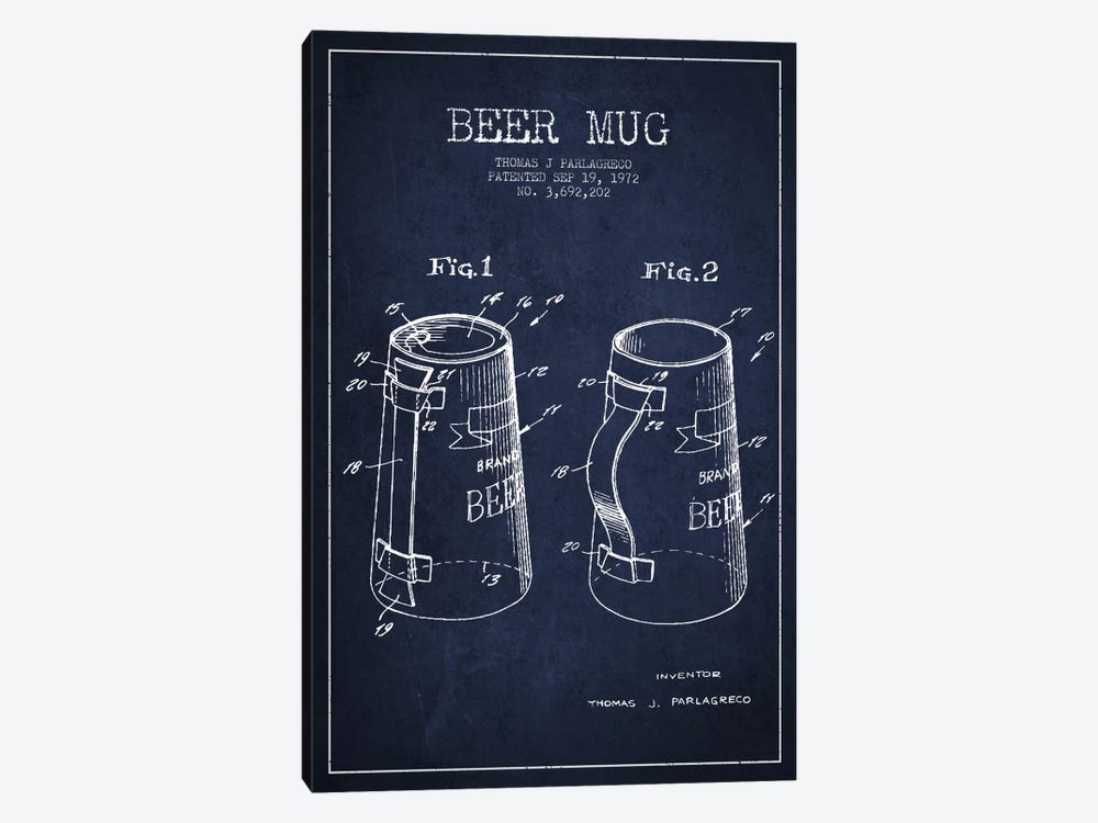 Beer Mug Navy Blue Patent Blueprint by Aged Pixel 1-piece Canvas Artwork