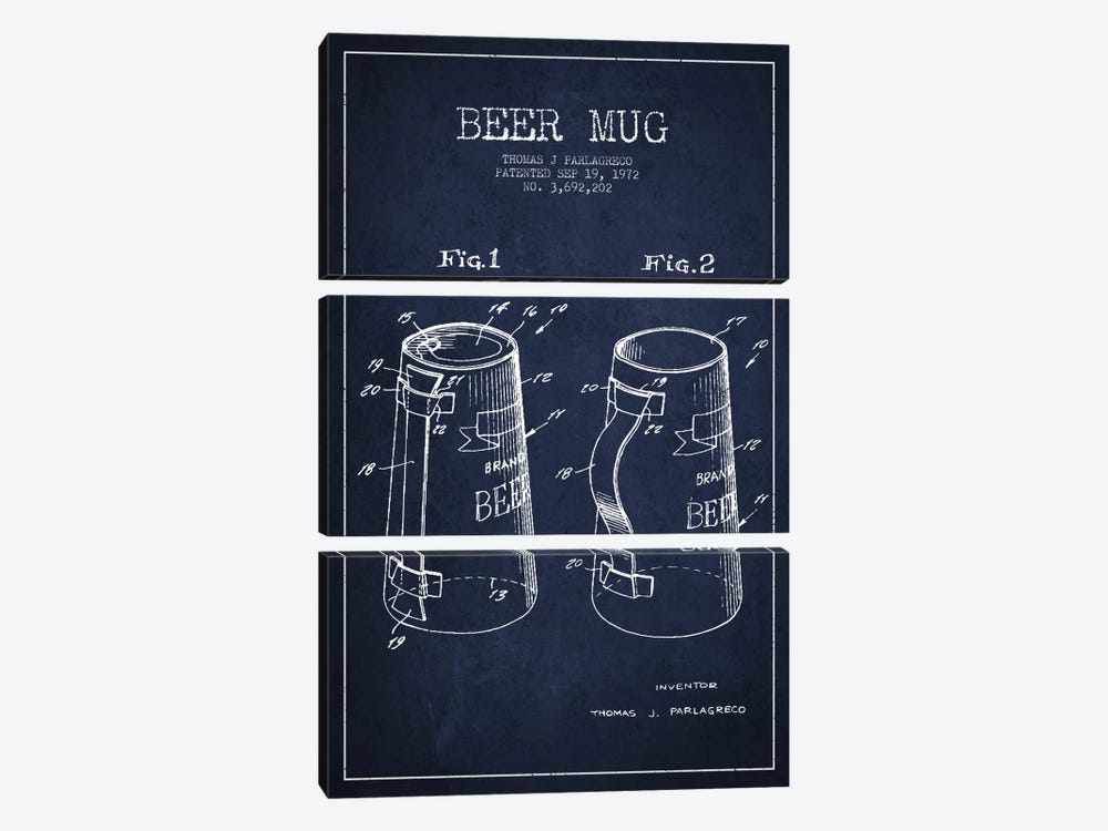 Beer Mug Navy Blue Patent Blueprint by Aged Pixel 3-piece Canvas Artwork