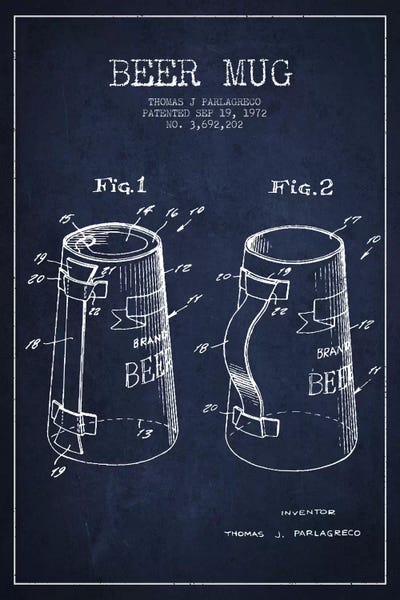 Food & Drink Blueprints: Beer Mug Navy Blue II Patent Blueprint by Aged Pixel