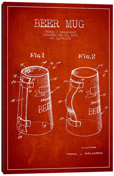 Beer Mug Red Patent Blueprint Canvas Art Print - Drink & Beverage Art