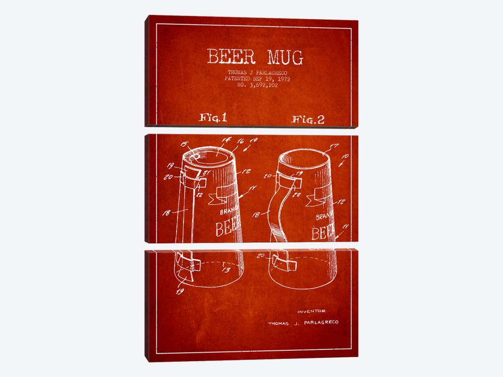 Beer Mug Red Patent Blueprint by Aged Pixel 3-piece Canvas Print