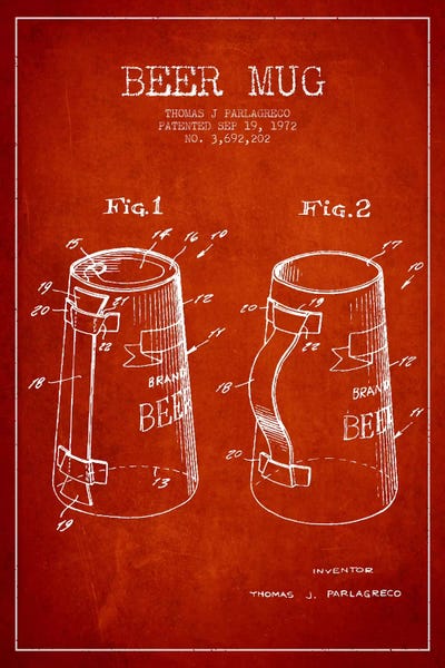 Food & Drink Blueprints: Beer Mug Red II Patent Blueprint by Aged Pixel