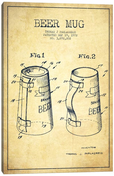 Beer Mug Vintage Patent Blueprint Canvas Art Print - Drink & Beverage Art