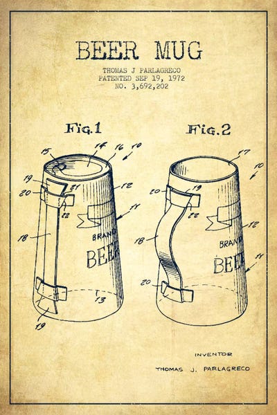 Food & Drink Blueprints: Beer Mug Vintage II Patent Blueprint by Aged Pixel
