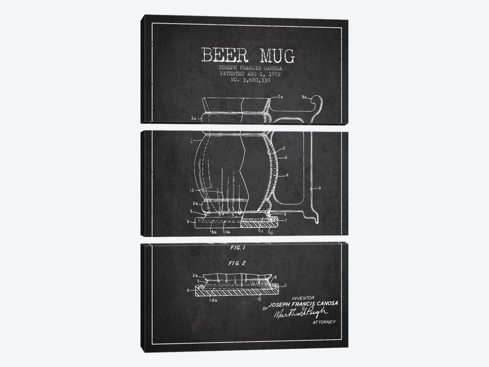 Beer Mug Charcoal Patent Blueprint by Aged Pixel 3-piece Canvas Art Print